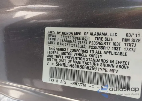2011 Honda Odyssey Ex-L z USA, uszkodzony, nr VIN 5FNRL5H68BB066269